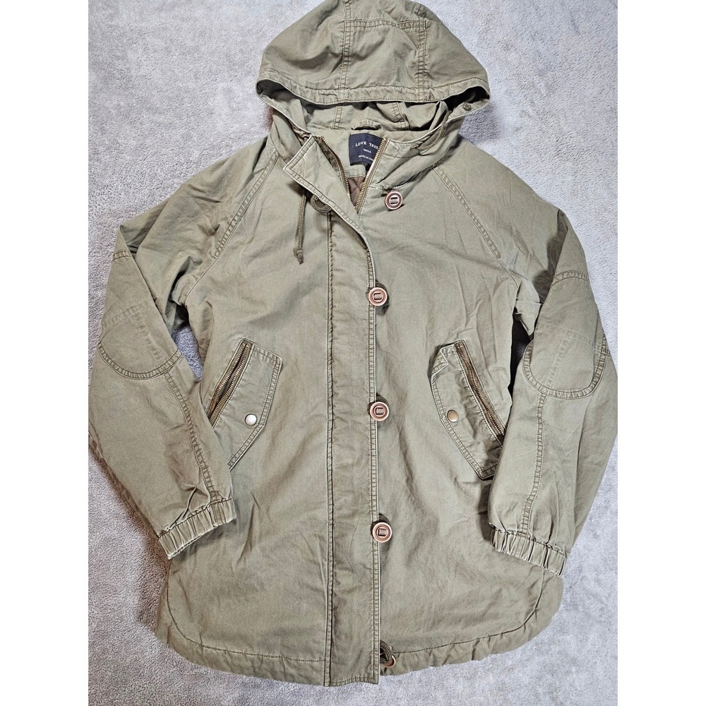 Love Tree Women Hooded Utility Parka Jacket Olive Green Cotton Canvas S gorpcore